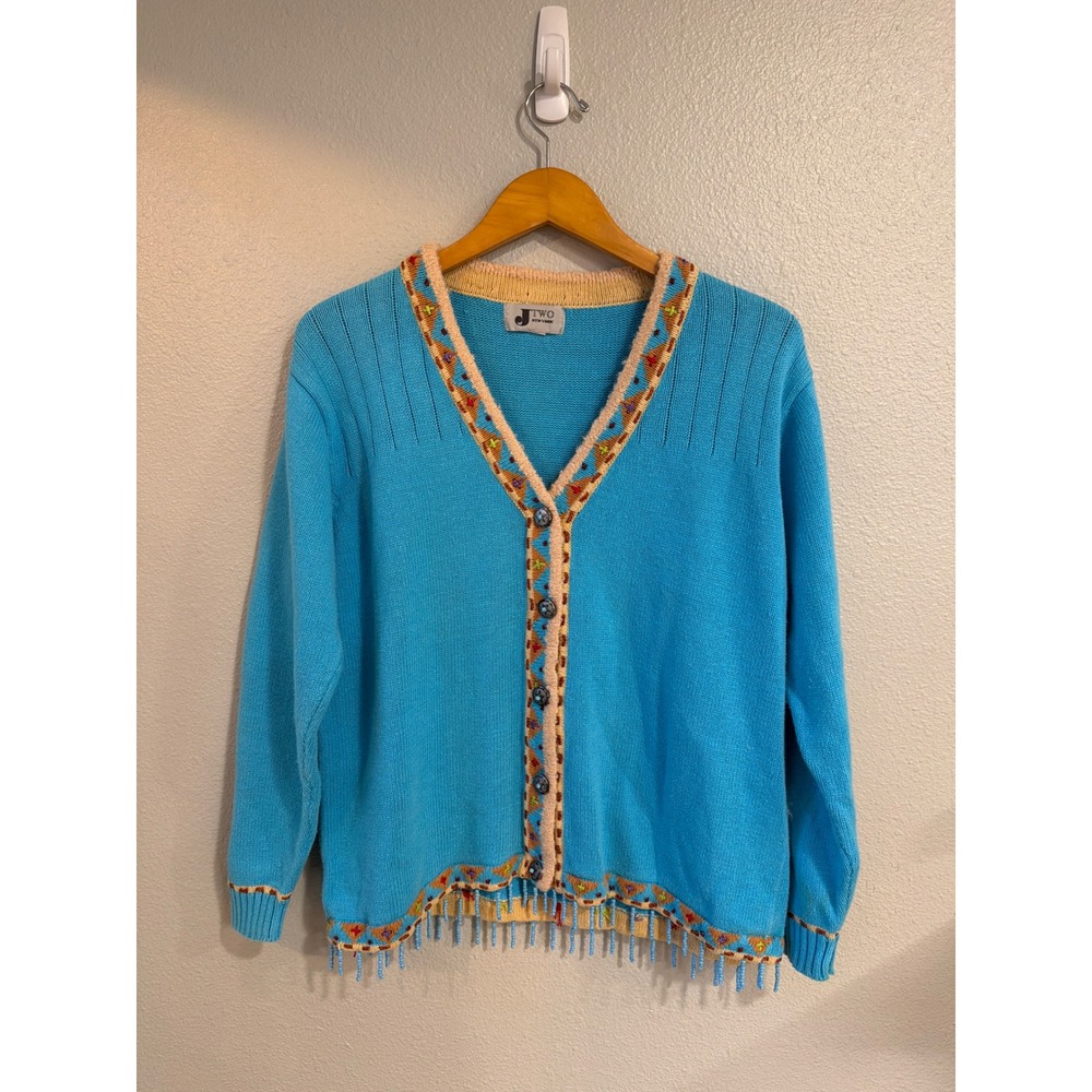 J Two New York‎ Cardigan Women L Turquoise Blue Beaded Fringe Southwestern Boho